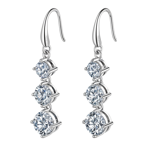 A pair of sterling silver drop earrings with three round American diamonds in a vertical line, each in a four-prong setting.