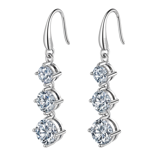 Twinkling Triple Solitaire Drop Earrings in 925 Sterling Silver With Diamond like Brilliance Zirconia