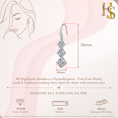 Twinkling Triple Solitaire Drop Earrings in 925 Sterling Silver With Diamond like Brilliance Zirconia