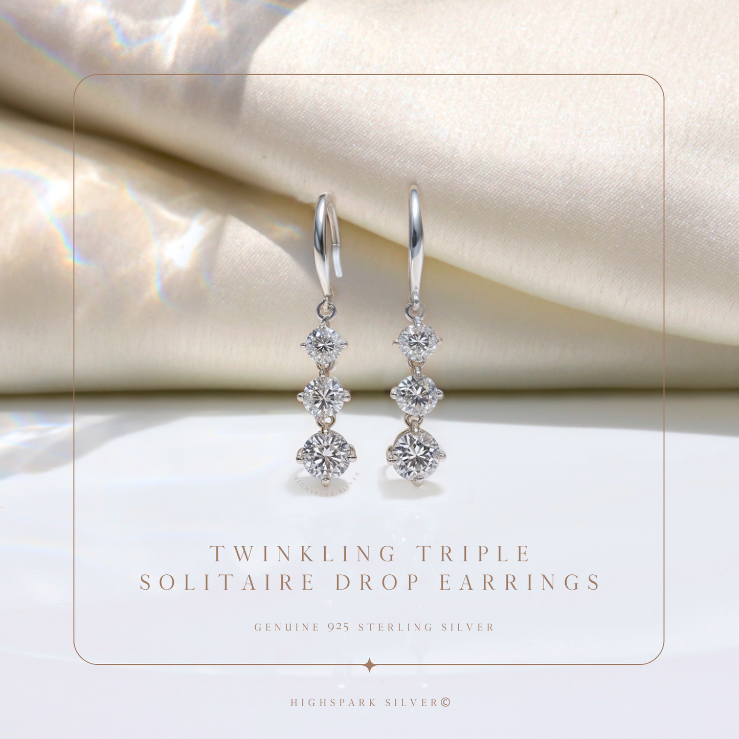 Twinkling Triple Solitaire Drop Earrings in 925 Sterling Silver With Diamond like Brilliance Zirconia