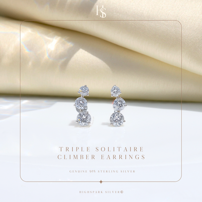 Triple Solitaire Climber Earrings in 925 Sterling Silver With Diamond like Brilliance Zirconia