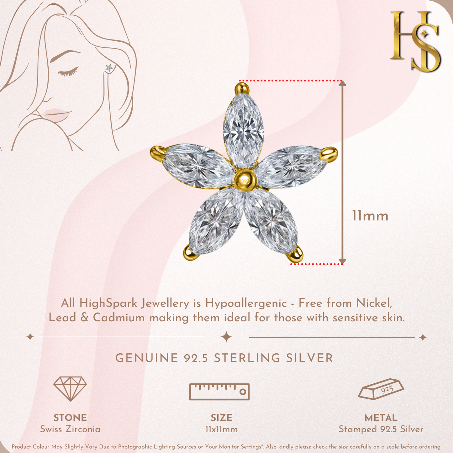 Pleasant Plumeria Stud Earrings in 925 Sterling Silver with 18k Gold Finish For Women