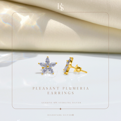 Pleasant Plumeria Stud Earrings in 925 Sterling Silver with 18k Gold Finish For Women