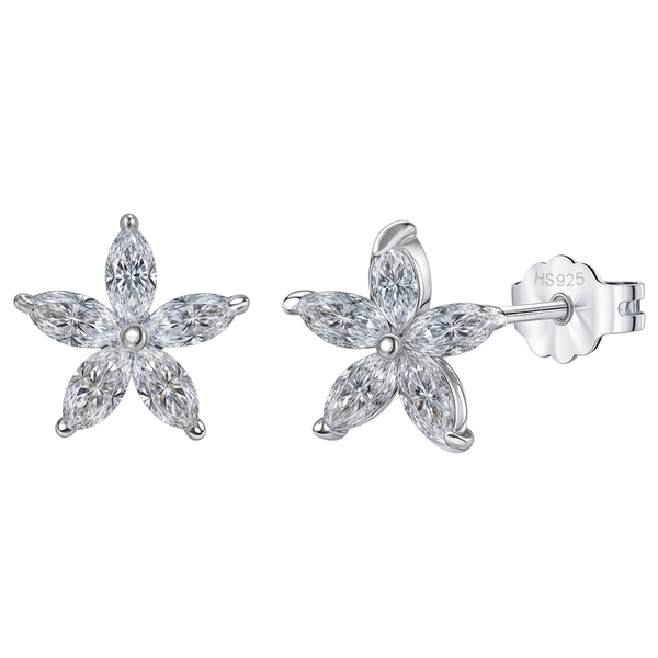 A pair of plumeria flower stud earrings with marquise-cut American diamond petals in sterling silver, shown on a white background.
