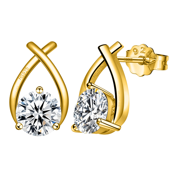 A pair of XOXO stud earrings with a round American diamond in a three-prong setting, crafted from gold-plated sterling silver.