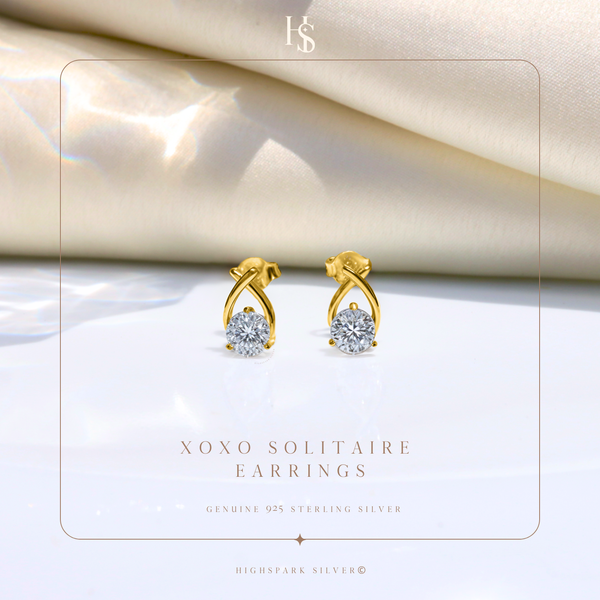 XOXO Solitaire Stud Earrings in 925 Sterling Silver with 18k Gold Finish For Women