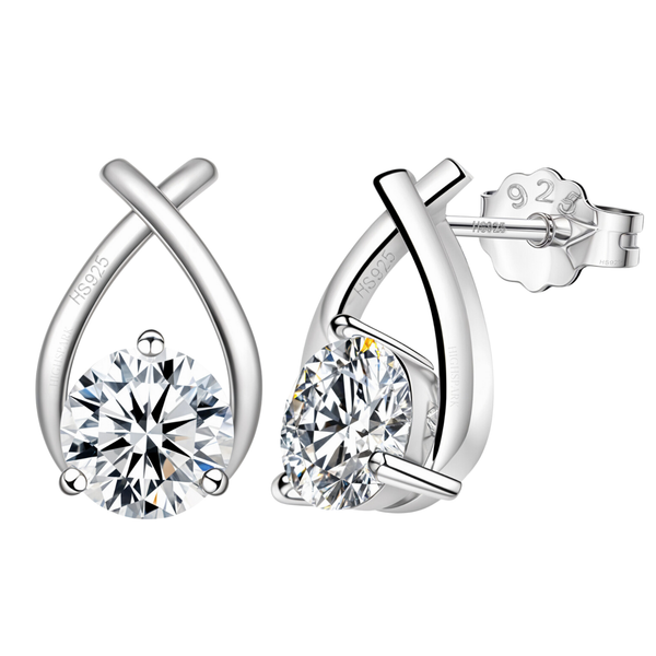 A pair of sterling silver stud earrings with a criss-cross design holding a round American diamond in a three-prong setting.