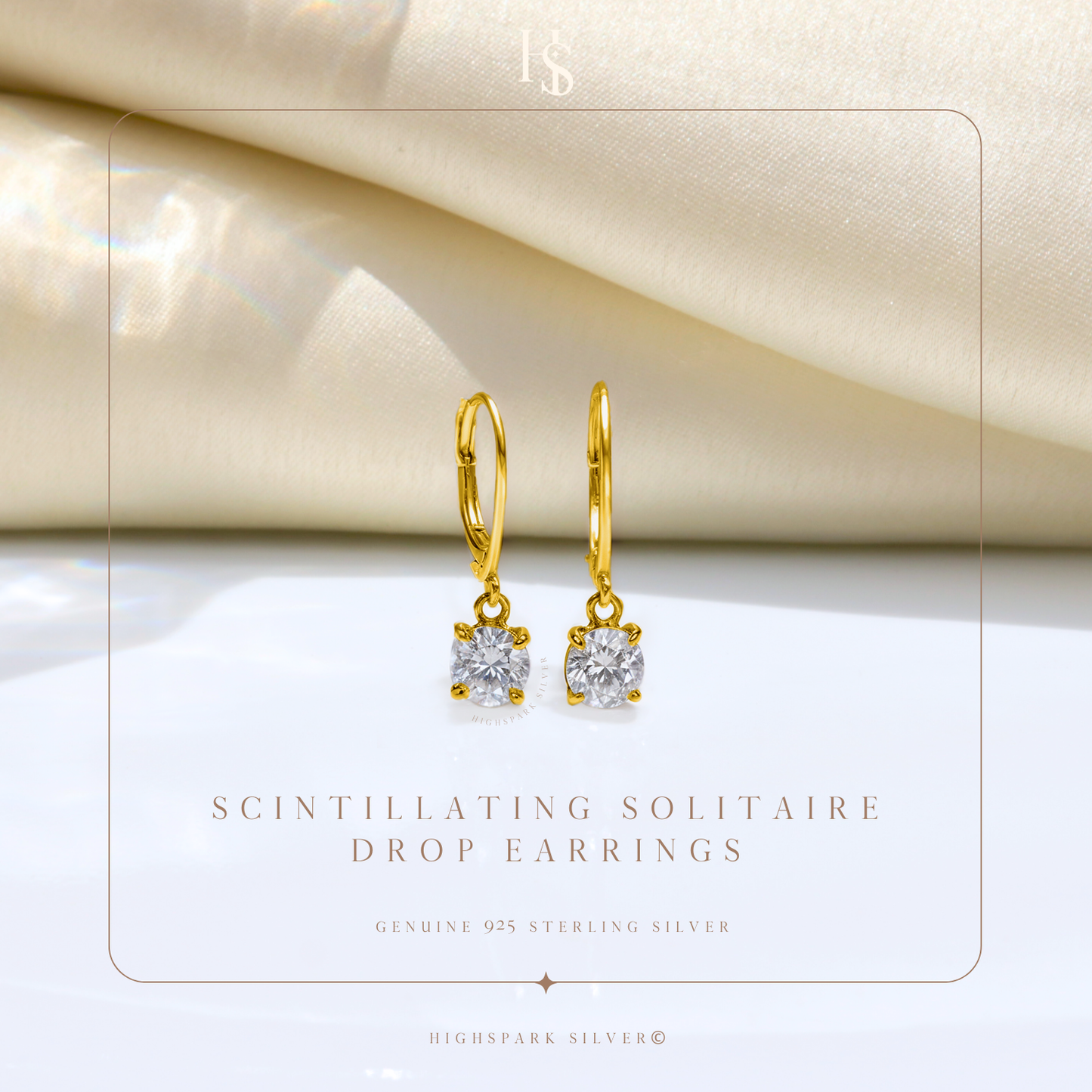 Scintillating Solitaire Drop Earrings in 925 Sterling Silver with 18k Gold Finish For Women