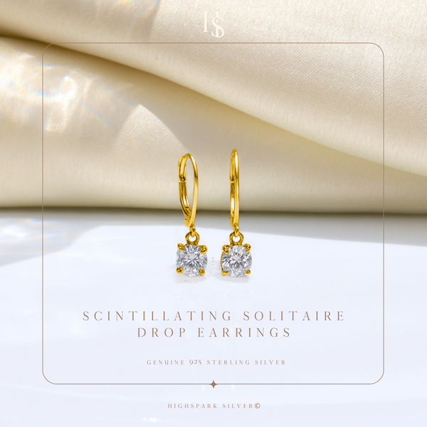 Scintillating Solitaire Drop Earrings in 925 Sterling Silver with 18k Gold Finish For Women