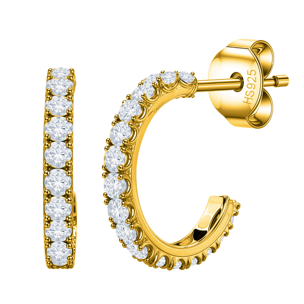 A pair of gold-plated half hoop stud earrings with a row of prong-set American diamonds on a plain white background.
