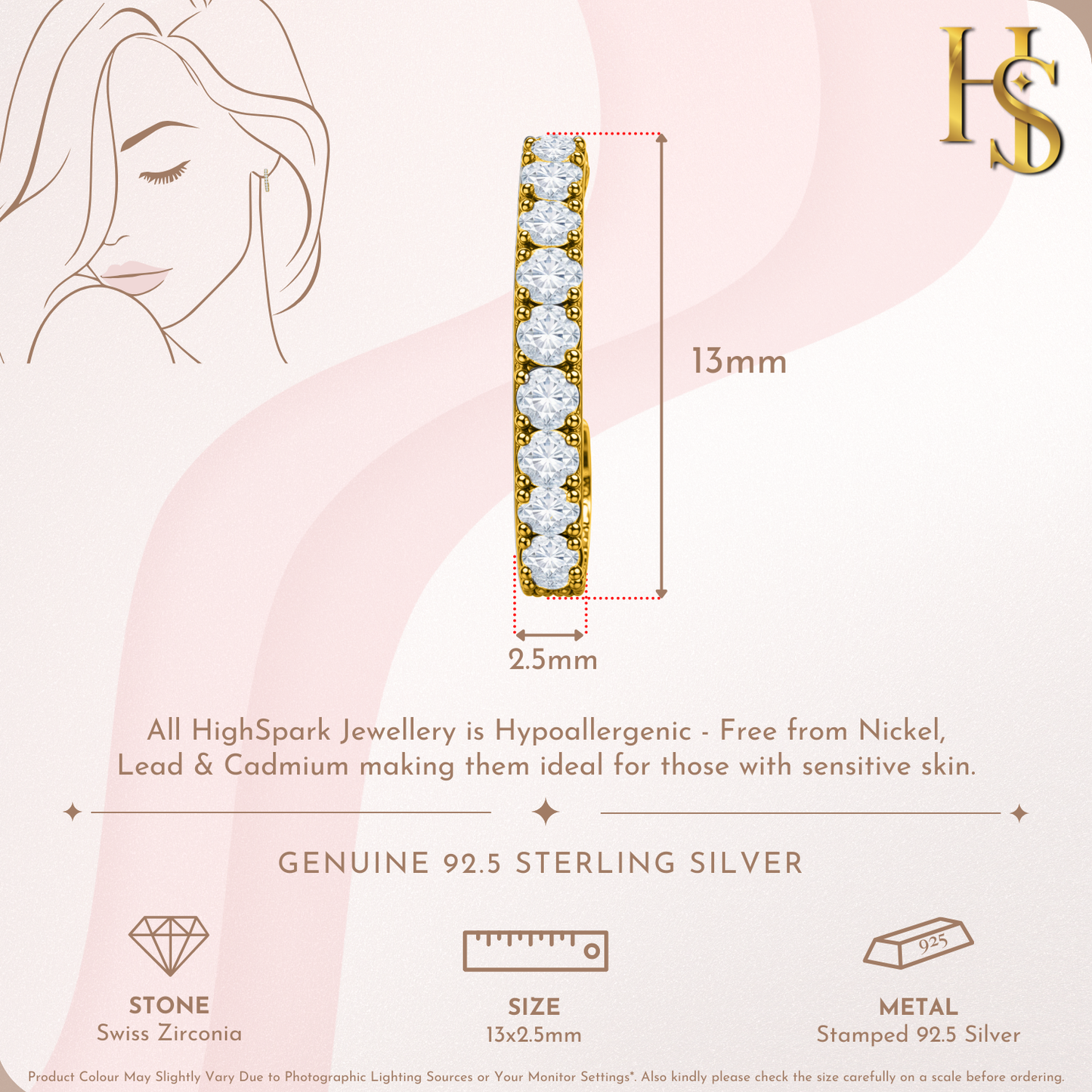 Starry Half Hoop Stud Earrings in 925 Sterling Silver with 18k Gold Finish For Women