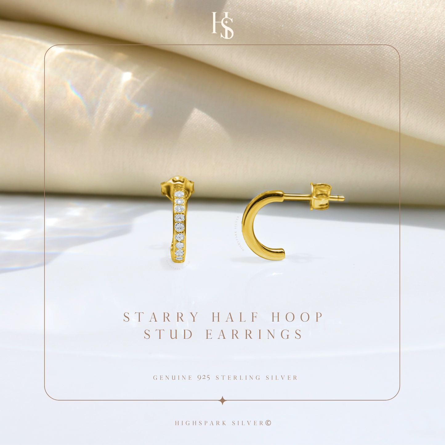 Starry Half Hoop Stud Earrings in 925 Sterling Silver with 18k Gold Finish For Women