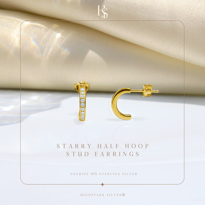 Starry Half Hoop Stud Earrings in 925 Sterling Silver with 18k Gold Finish For Women