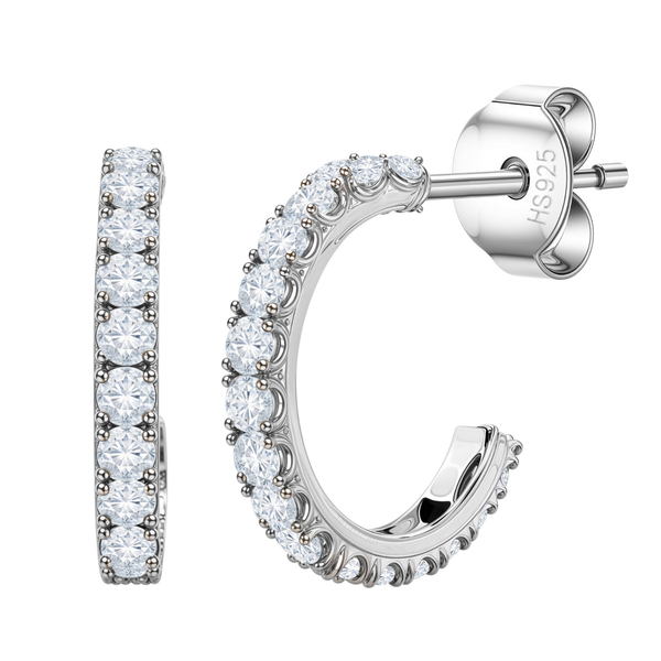 A pair of half hoop stud earrings with prong-set American diamonds in sterling silver, shown on a white background.