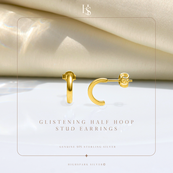 Glistening Half Hoop Stud Earring in 925 Sterling Silver with 18k Gold Finish For Women