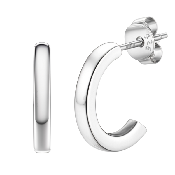 A pair of minimalist half hoop stud earrings in polished sterling silver with a push-back closure, shown on a plain white background.