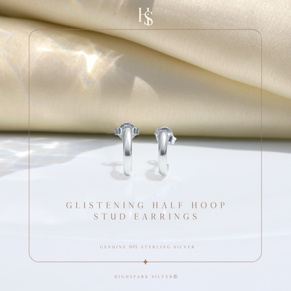 Glistening Half Hoop Stud Earrings in 925 Sterling Silver for Women