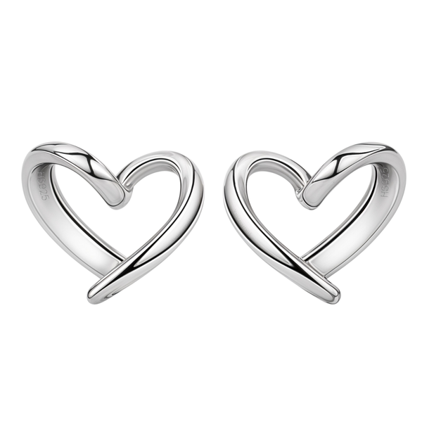 A pair of hollow heart stud earrings with a crossover design in polished sterling silver, shown on a white background.