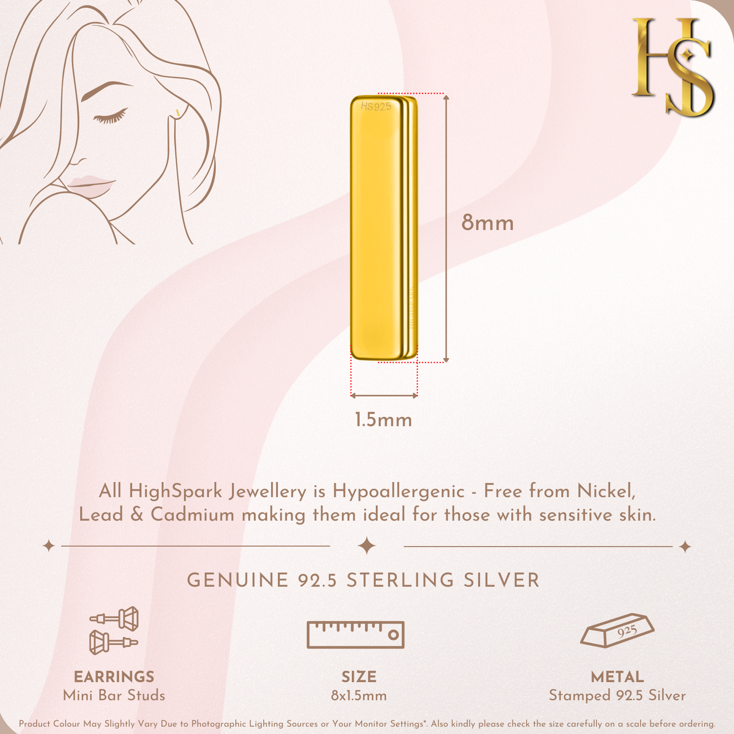 Mini Bar Stud Earring in 925 Sterling Silver with 18k Gold Finish For Women