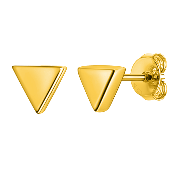 A pair of minimalist triangle stud earrings in gold-plated sterling silver with a push-back closure, shown on a white background.