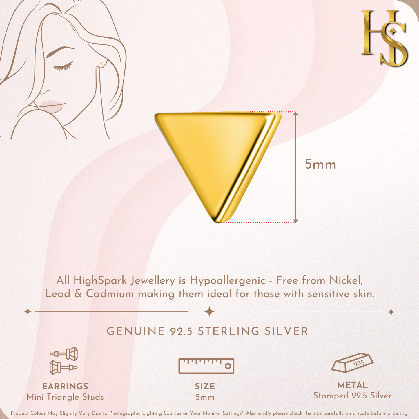Mini Triangle Stud Earring in 925 Sterling Silver with 18k Gold Finish For Women