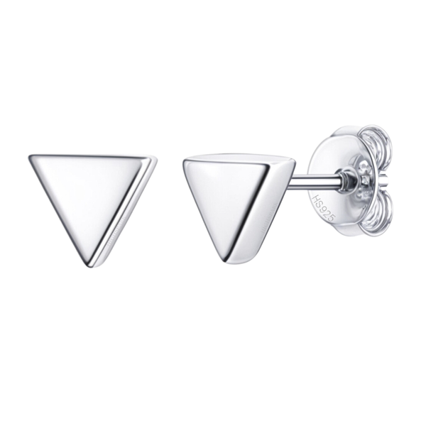 A pair of minimalist triangle stud earrings in polished sterling silver with push-back closures, shown on a plain white background.