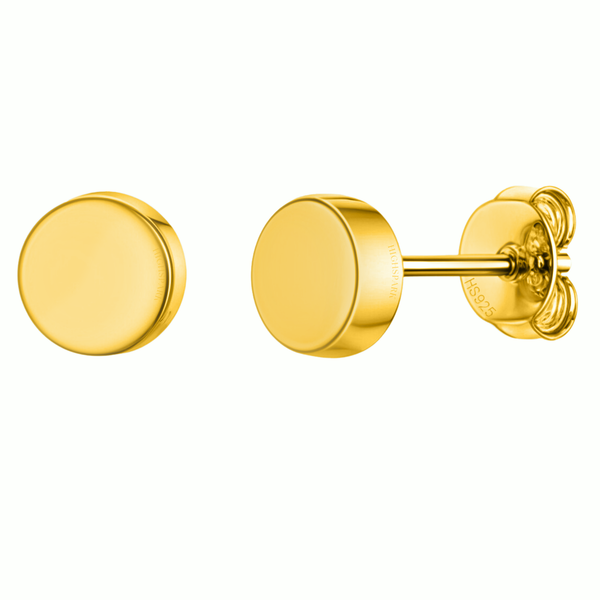 A pair of minimalist round disc stud earrings in gold-plated sterling silver with push backs, shown on a white background.