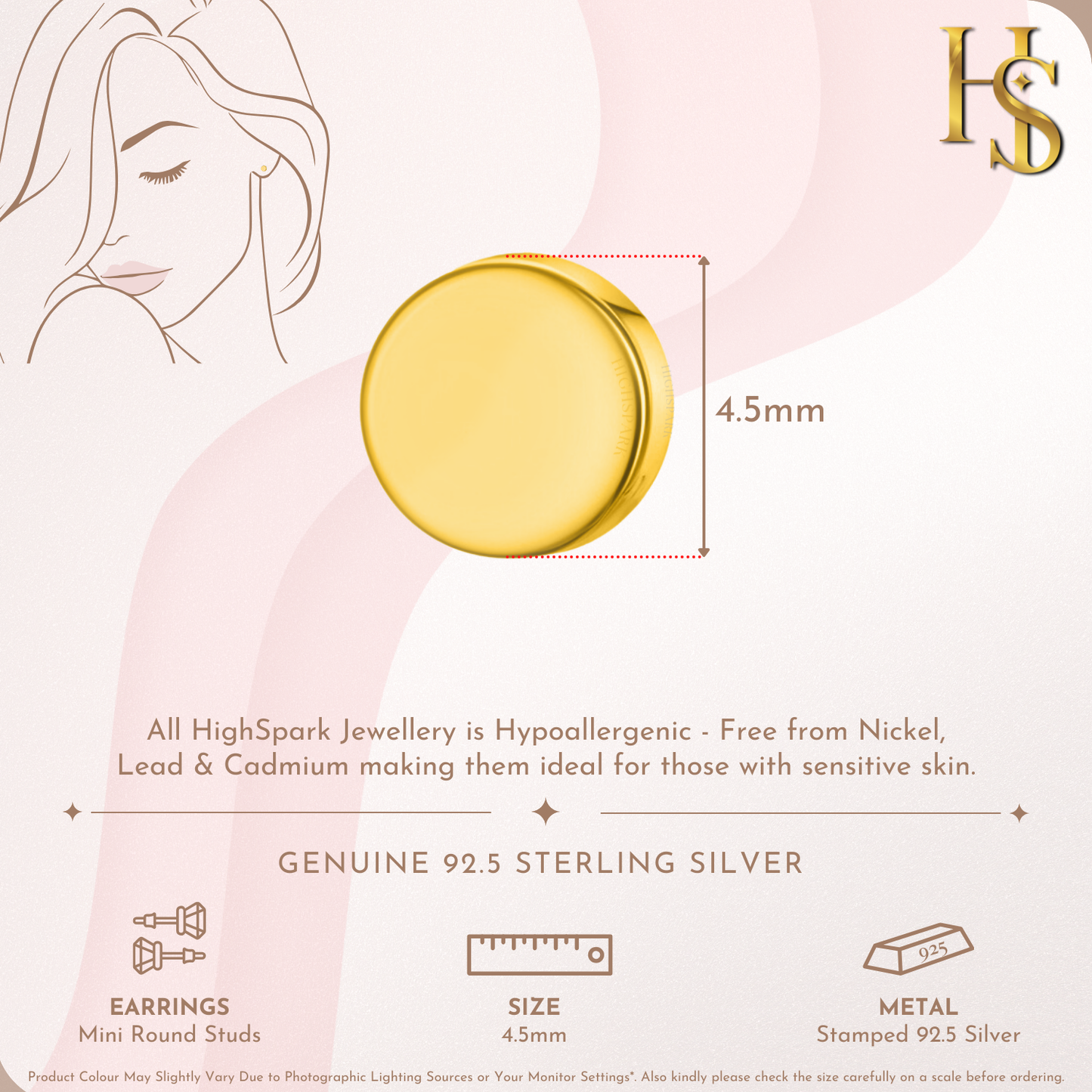 Mini Round Stud Earrings in 925 Sterling Silver with 18k Gold Finish For Women