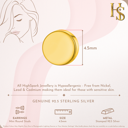 Mini Round Stud Earrings in 925 Sterling Silver with 18k Gold Finish For Women