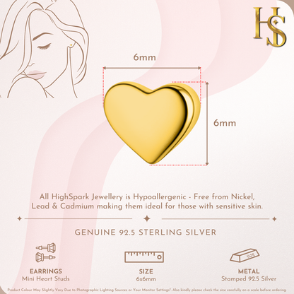 Mini Heart Stud Earring in 925 Sterling Silver with 18k Gold Finish For Women