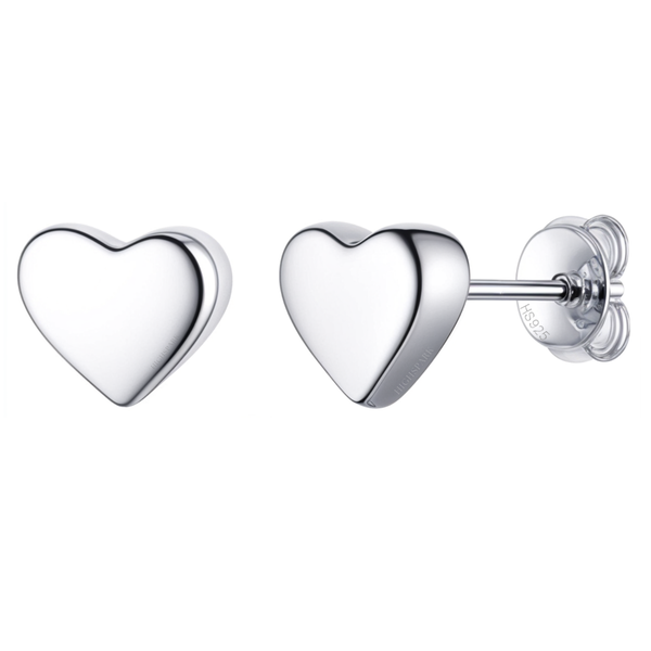 A pair of puffy heart-shaped stud earrings in polished sterling silver with push-back closures, shown on a white background.