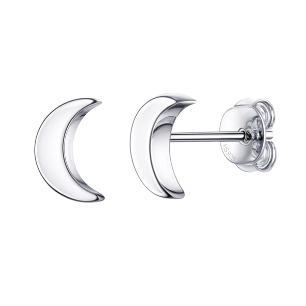 A pair of crescent moon stud earrings in polished sterling silver with push-back closures, shown on a white background.