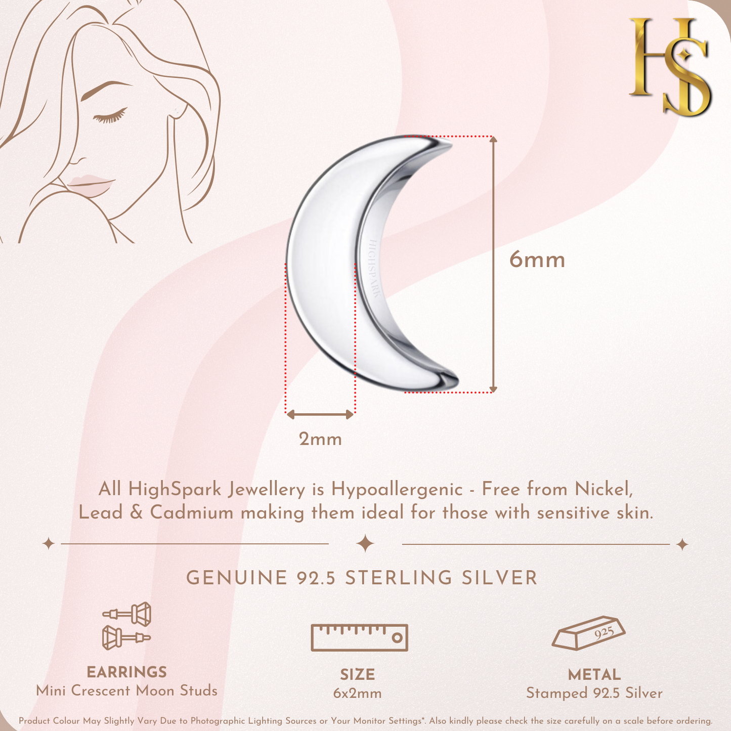 Mini Cresecent Moon Stud Earrings in 925 Sterling Silver for Women