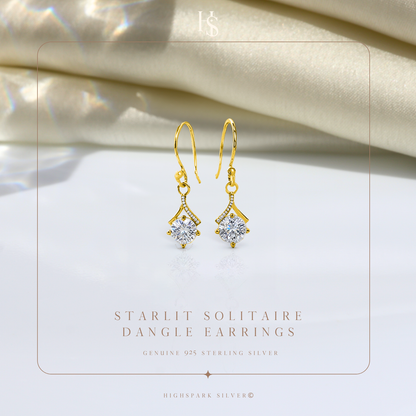 Starlit Solitaire Dangle Earring in 925 Sterling Silver with 18k Gold Finish For Women