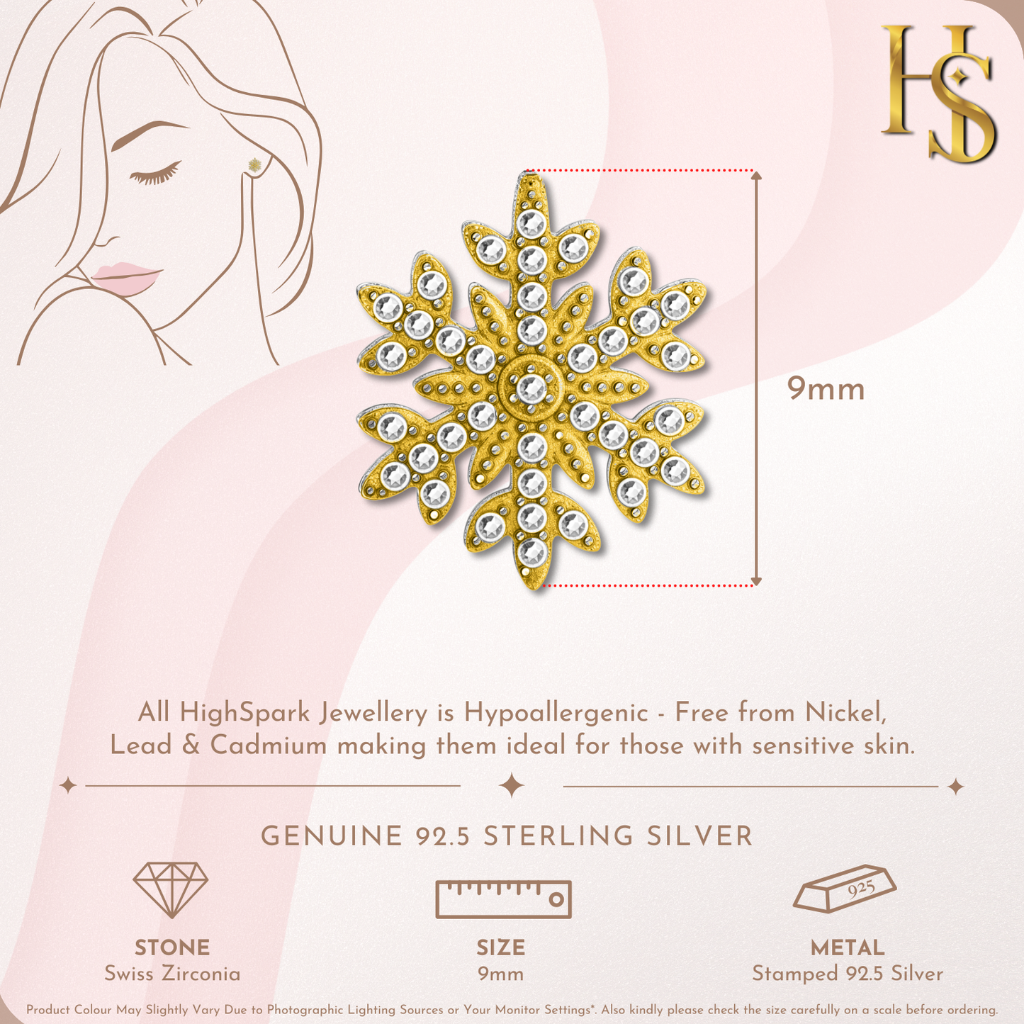 Glacial Glitter Snowflake Stud Earring in 925 Sterling Silver with 18k Gold Finish For Women