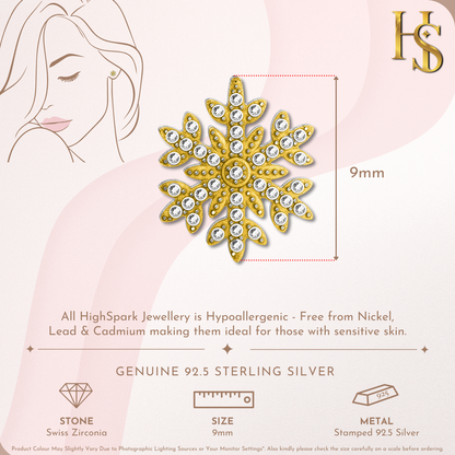 Glacial Glitter Snowflake Stud Earring in 925 Sterling Silver with 18k Gold Finish For Women