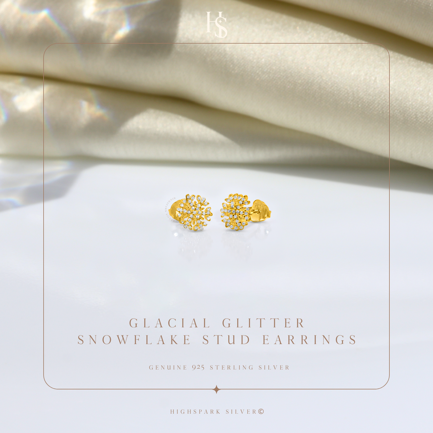 Glacial Glitter Snowflake Stud Earring in 925 Sterling Silver with 18k Gold Finish For Women