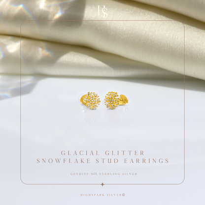 Glacial Glitter Snowflake Stud Earring in 925 Sterling Silver with 18k Gold Finish For Women