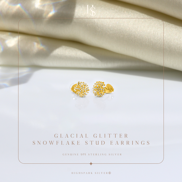 Glacial Glitter Snowflake Stud Earring in 925 Sterling Silver with 18k Gold Finish For Women