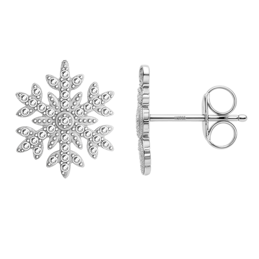 Glacial Glitter Snowflake Stud Earrings in 92.5 Sterling Silver with Diamond like Brilliance Zirconia