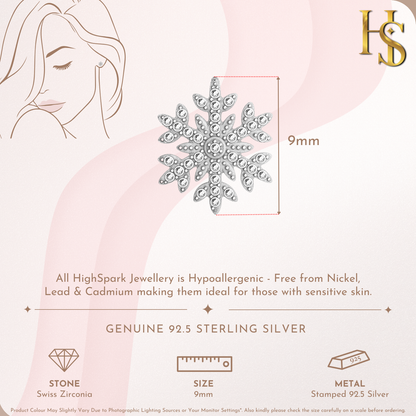 Glacial Glitter Snowflake Stud Earrings in 92.5 Sterling Silver with Diamond like Brilliance Zirconia