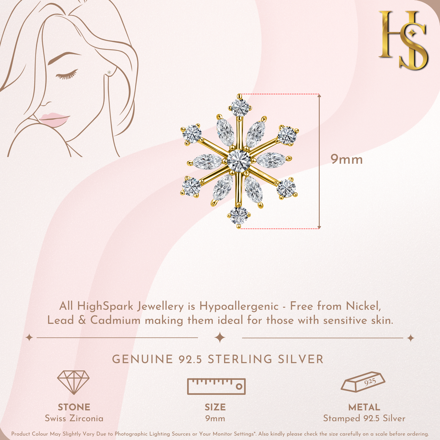 Icy Crystal Snowflake Stud Earring in 925 Sterling Silver with 18k Gold Finish For Women