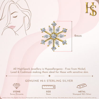 Icy Crystal Snowflake Stud Earring in 925 Sterling Silver with 18k Gold Finish For Women