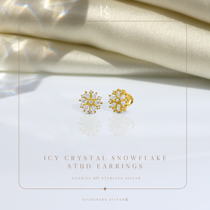 Icy Crystal Snowflake Stud Earring in 925 Sterling Silver with 18k Gold Finish For Women