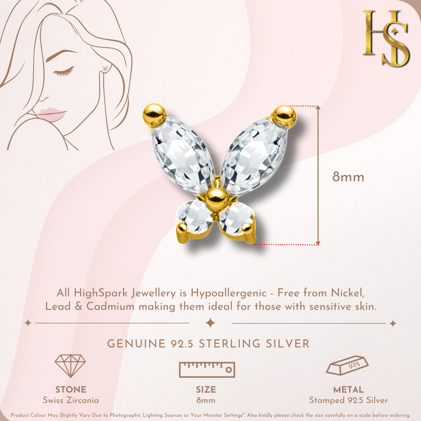 Whimsical Butterfly Stud Earring in 925 Sterling Silver with 18k Gold Finish For Women