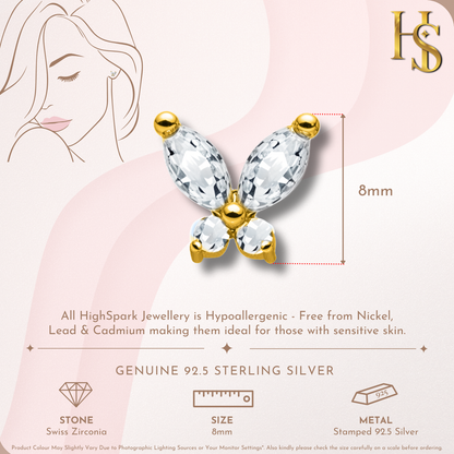 Whimsical Butterfly Stud Earring in 925 Sterling Silver with 18k Gold Finish For Women