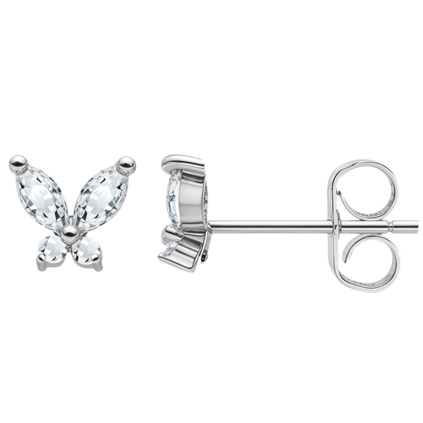 A pair of sterling silver butterfly stud earrings with marquise-cut American diamond wings, shown on a white background.