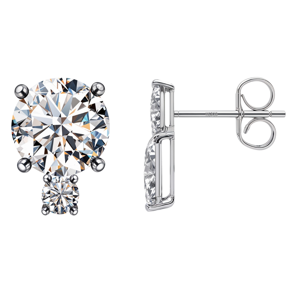 Sterling silver stud earrings with a large and small round American diamond in a four-prong setting, shown from the front and side.