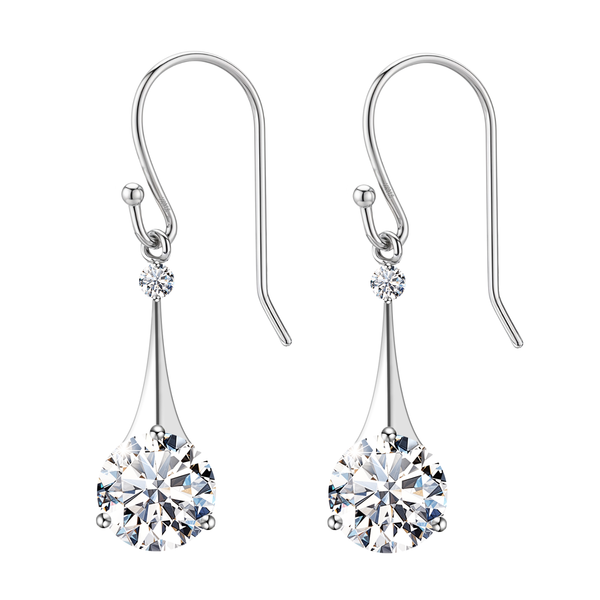 A pair of sterling silver drop earrings with a fish hook closure, featuring a double solitaire design with two round American diamonds.