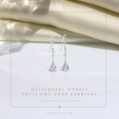 Delightful Double Solitaire Drop Earrings in 92.5 Sterling Silver with Diamond like Brilliance Zirconia